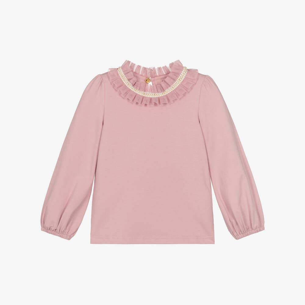 Angel's Face-Girls Pink Pearl & Tulle Collar Cotton Top | Childrensalon Outlet