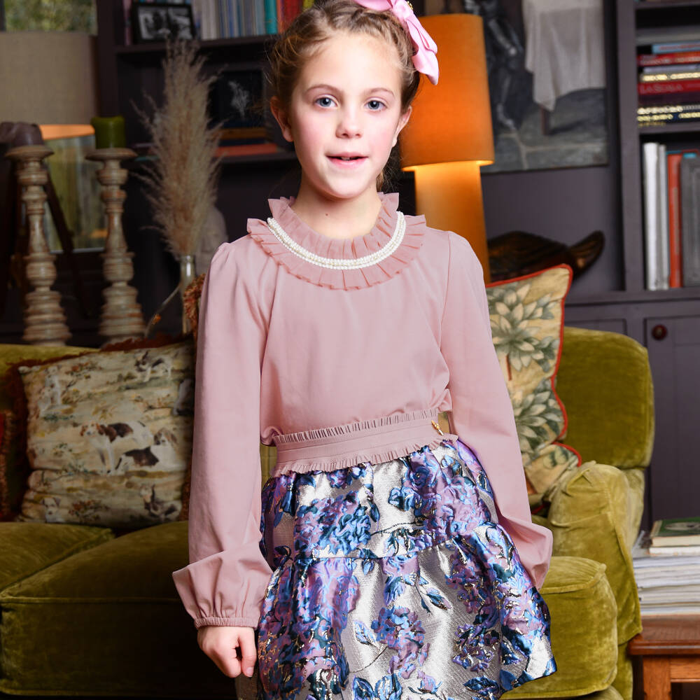 Angel's Face-Girls Pink Pearl & Tulle Collar Cotton Top | Childrensalon Outlet