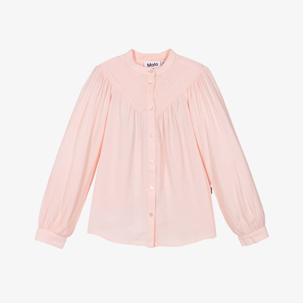 Molo-Girls Pink Pintuck Long Sleeve Collarless Blouse | Childrensalon Outlet