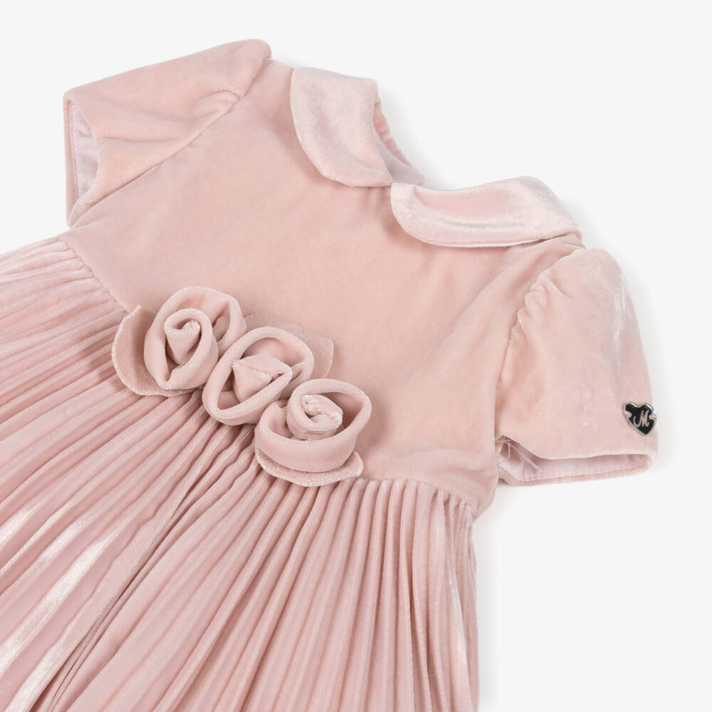 Monnalisa-Girls Pink Pleated Velvet Dress with Rose Appliqués | Childrensalon Outlet