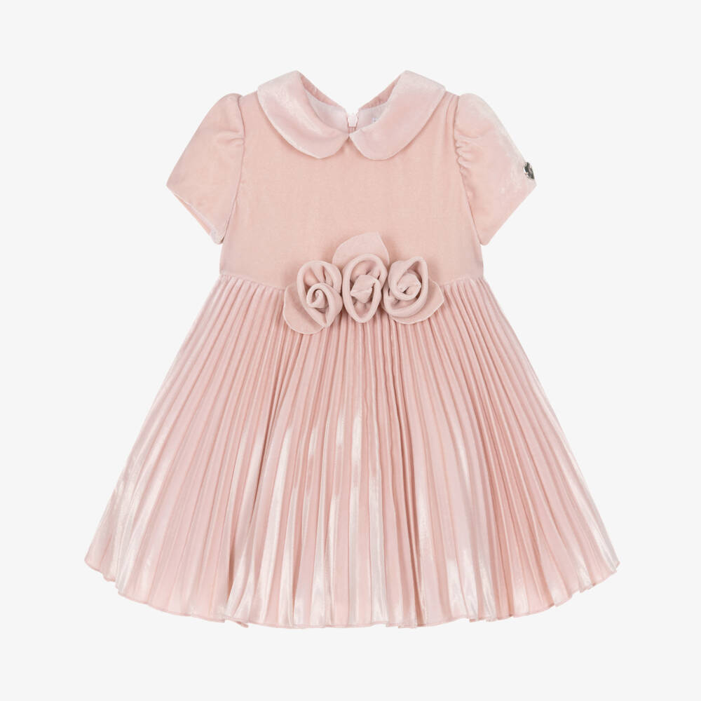 Monnalisa-Girls Pink Pleated Velvet Dress with Rose AppliquÃ©s | Childrensalon Outlet