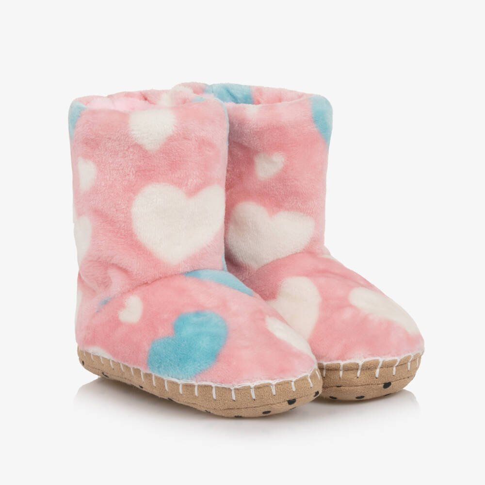 Hatley-Girls Pink Plush Fleece Heart Print Slippers | Childrensalon Outlet
