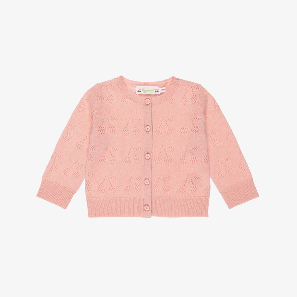 Bonpoint-Girls Pink Pure Cashmere Knit Cardigan with Pointelle Cherry Logo | Childrensalon Outlet
