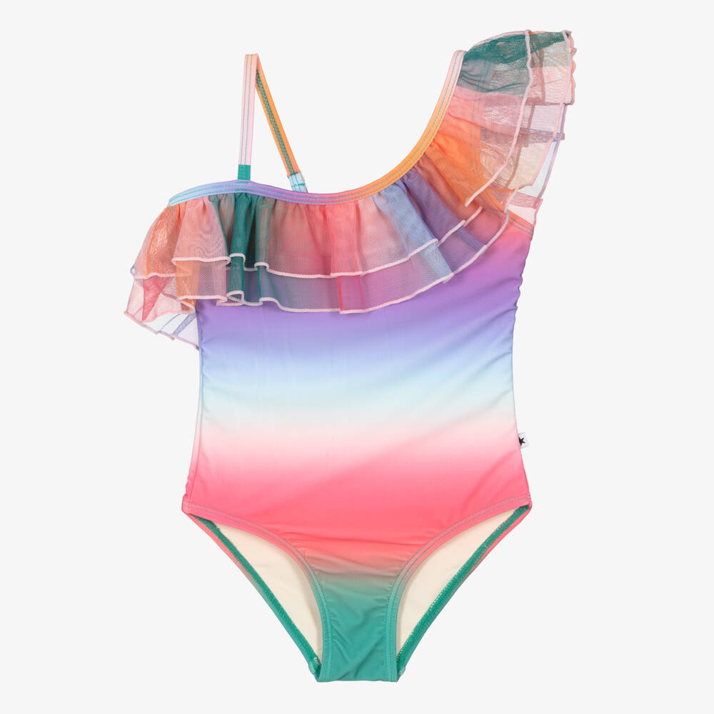 Molo-Girls Pink Rainbow Ruffle Swimsuit (UPF50+) | Childrensalon Outlet