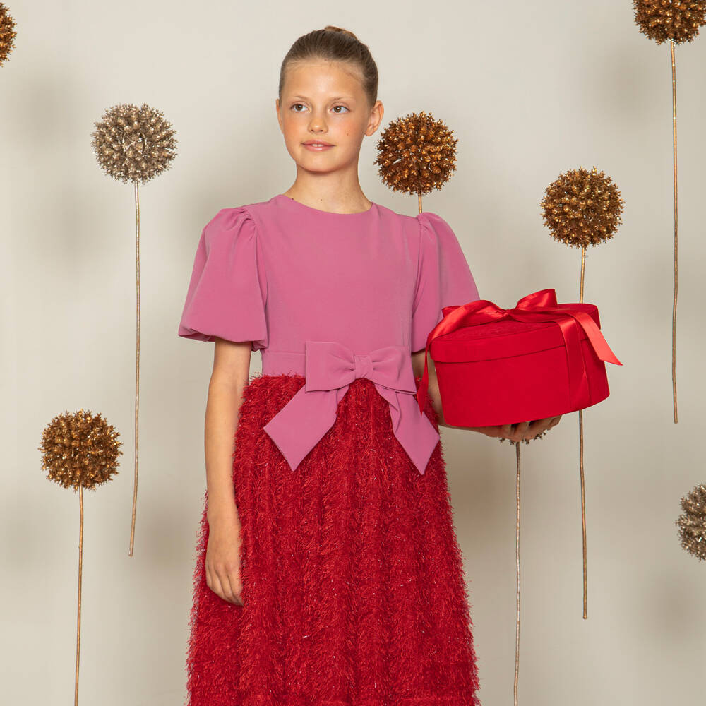Patachou-Girls Pink & Red Fluffy Dress with Bow | Childrensalon Outlet