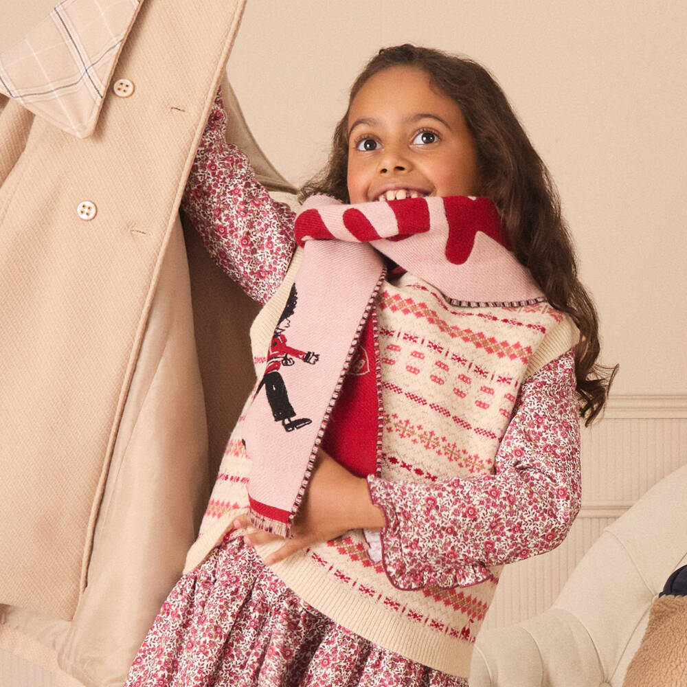 Burberry-Girls Pink & Red King's Guard Wool Scarf | Childrensalon Outlet