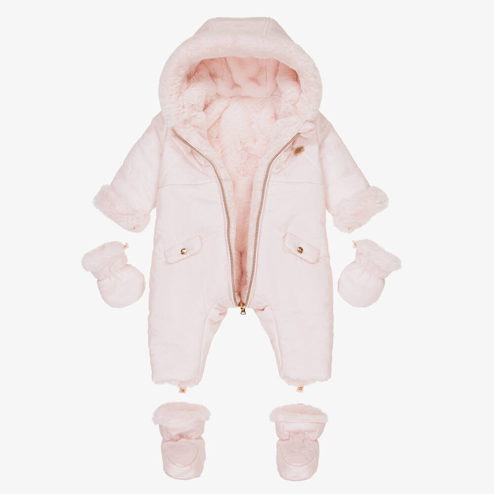 Tartine et Chocolat-Girls Pink Reversible Faux Fur Snowsuit | Childrensalon Outlet