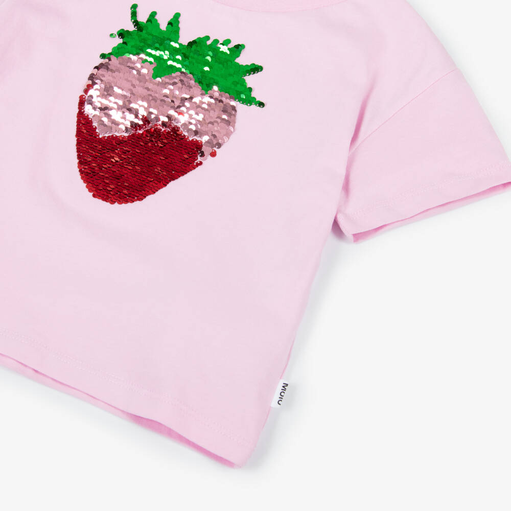 Molo-Girls Pink Reversible Sequin Strawberry Cotton T-Shirt | Childrensalon Outlet