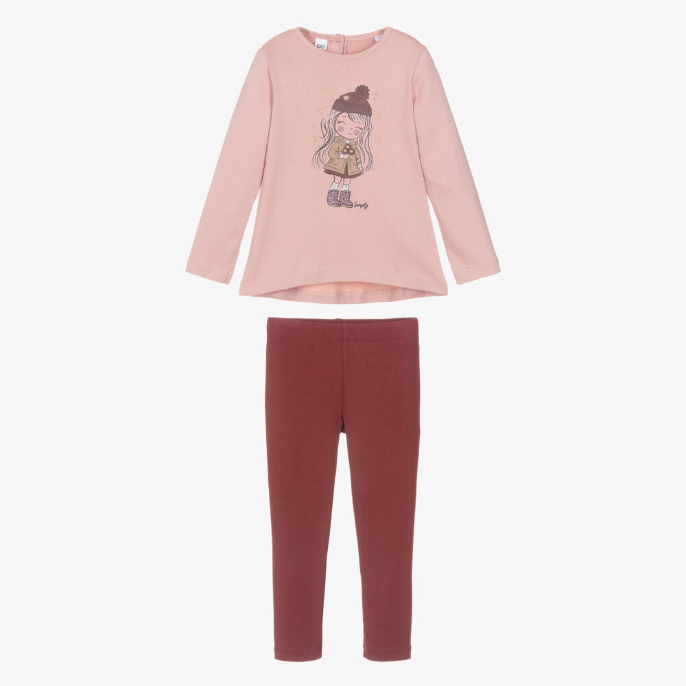 iDO-Girls Pink Ribbed Cotton Jersey Leggings Set with Girl Motif | Childrensalon Outlet