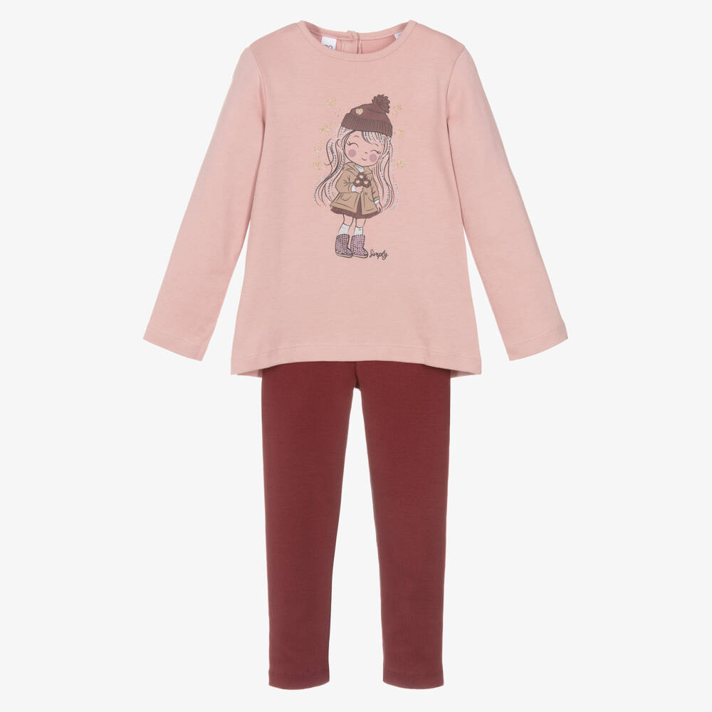 iDO-Girls Pink Ribbed Cotton Jersey Leggings Set with Girl Motif | Childrensalon Outlet