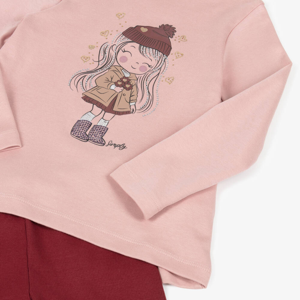 iDO-Girls Pink Ribbed Cotton Jersey Leggings Set with Girl Motif | Childrensalon Outlet