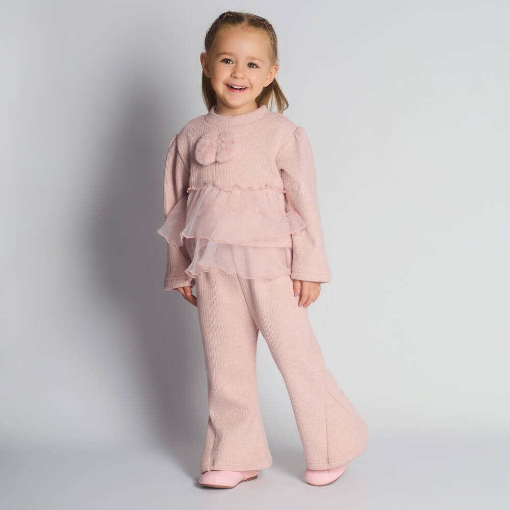 Beau KiD-Girls Pink Ribbed Jersey Trouser Set with Organza Ruffles | Childrensalon Outlet