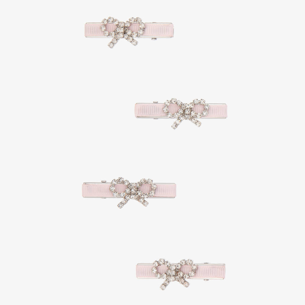 Self-Portrait-Girls Pink Ribbon and Diamanté Bow Hair Clips (4 Pack) | Childrensalon Outlet