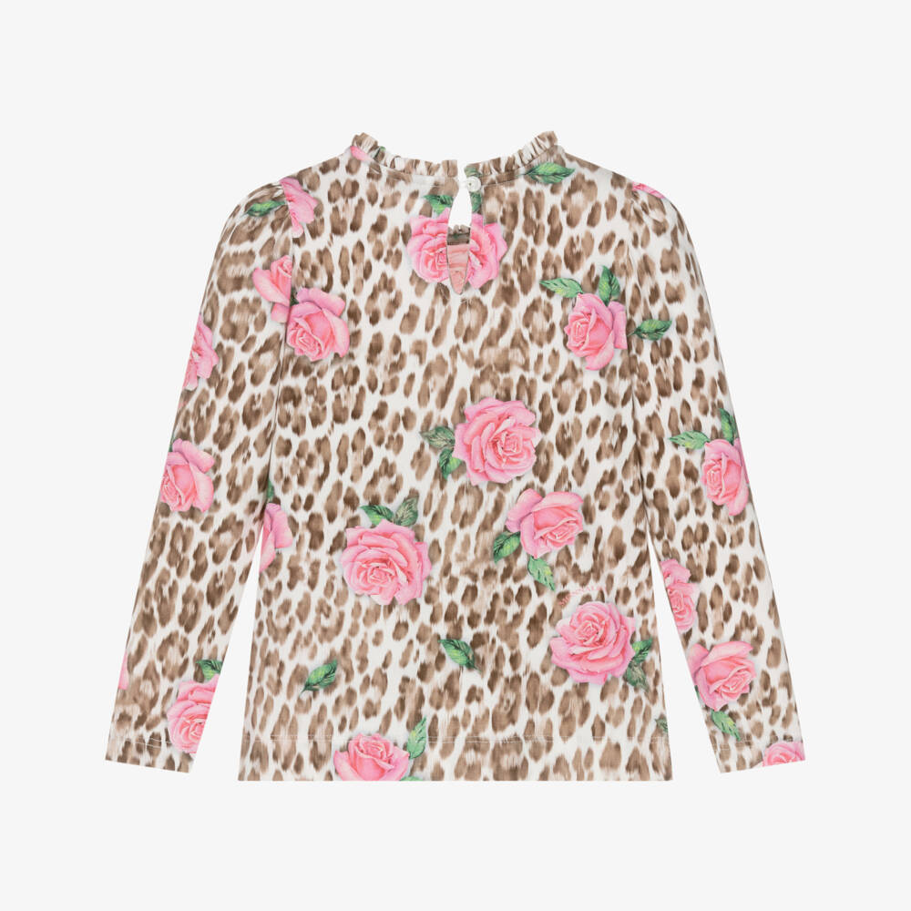 Monnalisa-Girls Pink Rose & Brown Leopard Print Top | Childrensalon Outlet