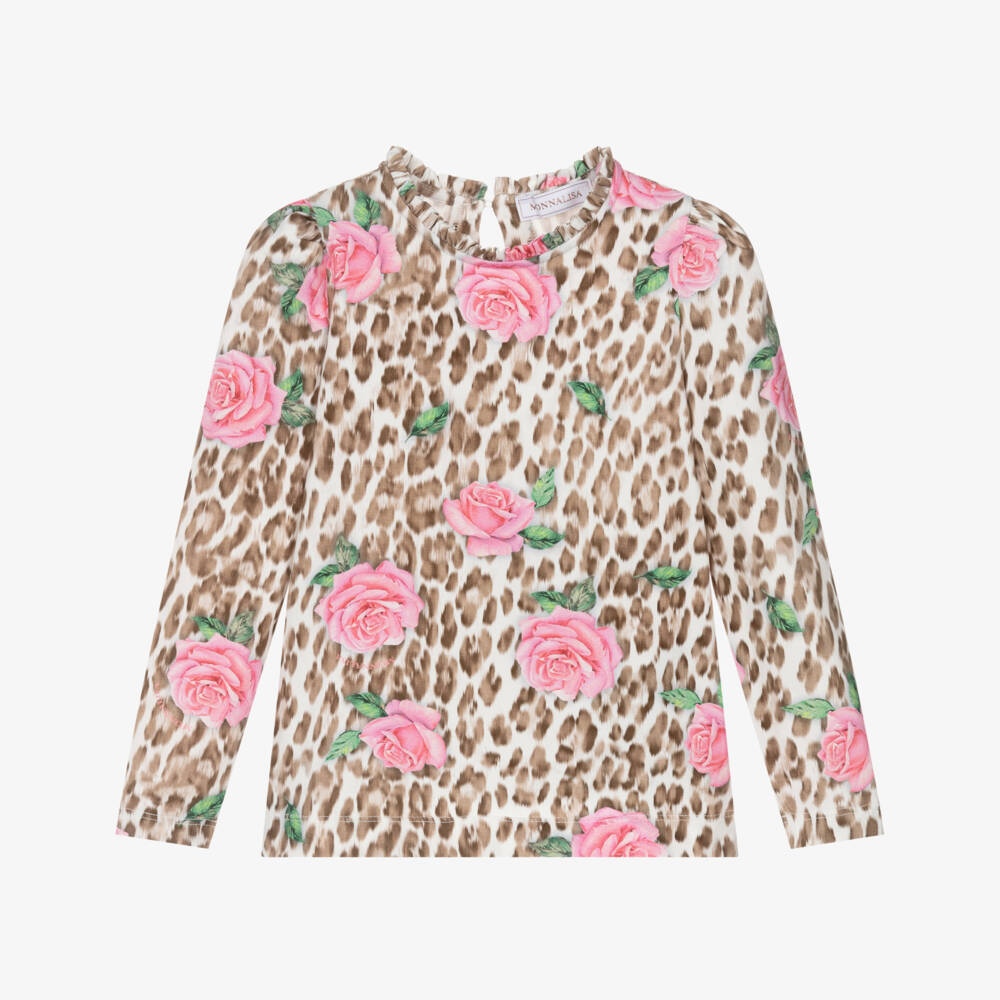 Monnalisa-Girls Pink Rose & Brown Leopard Print Top | Childrensalon Outlet
