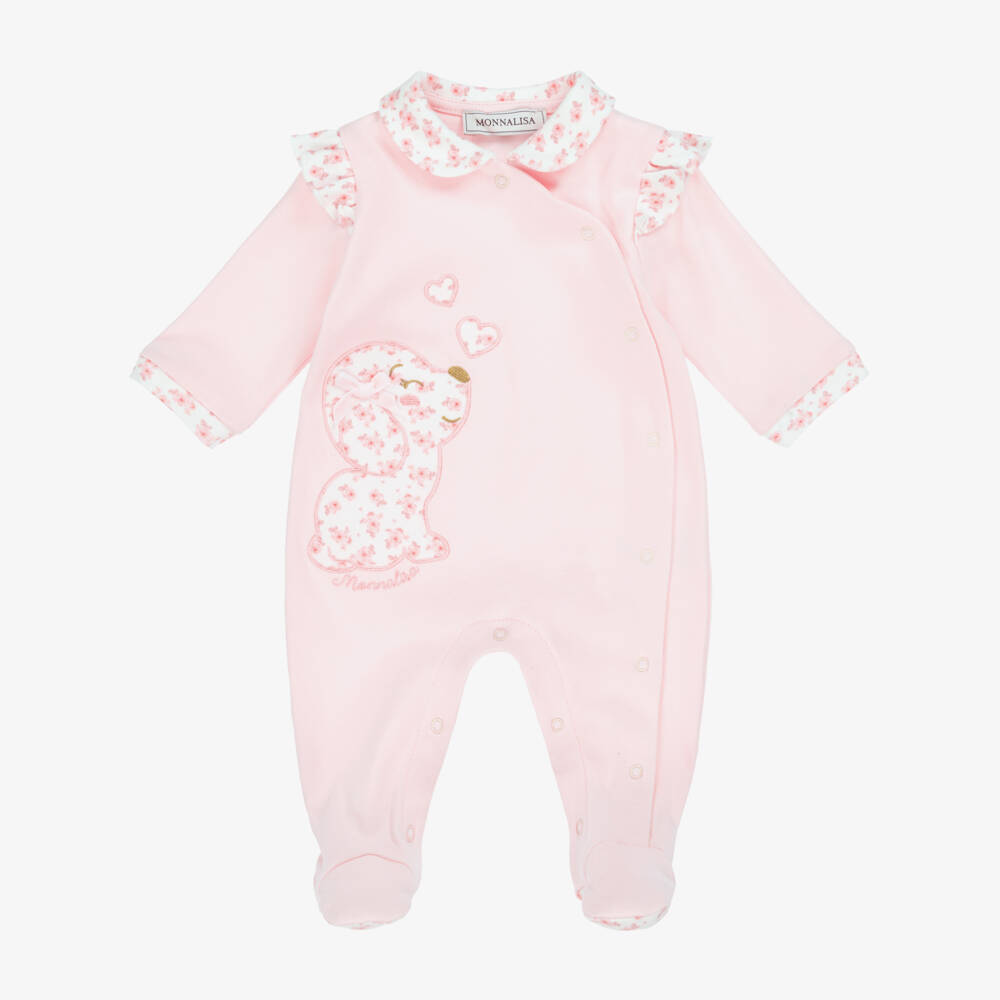 Monnalisa-Girls Pink Roses & Puppy Cotton Babygrow | Childrensalon Outlet
