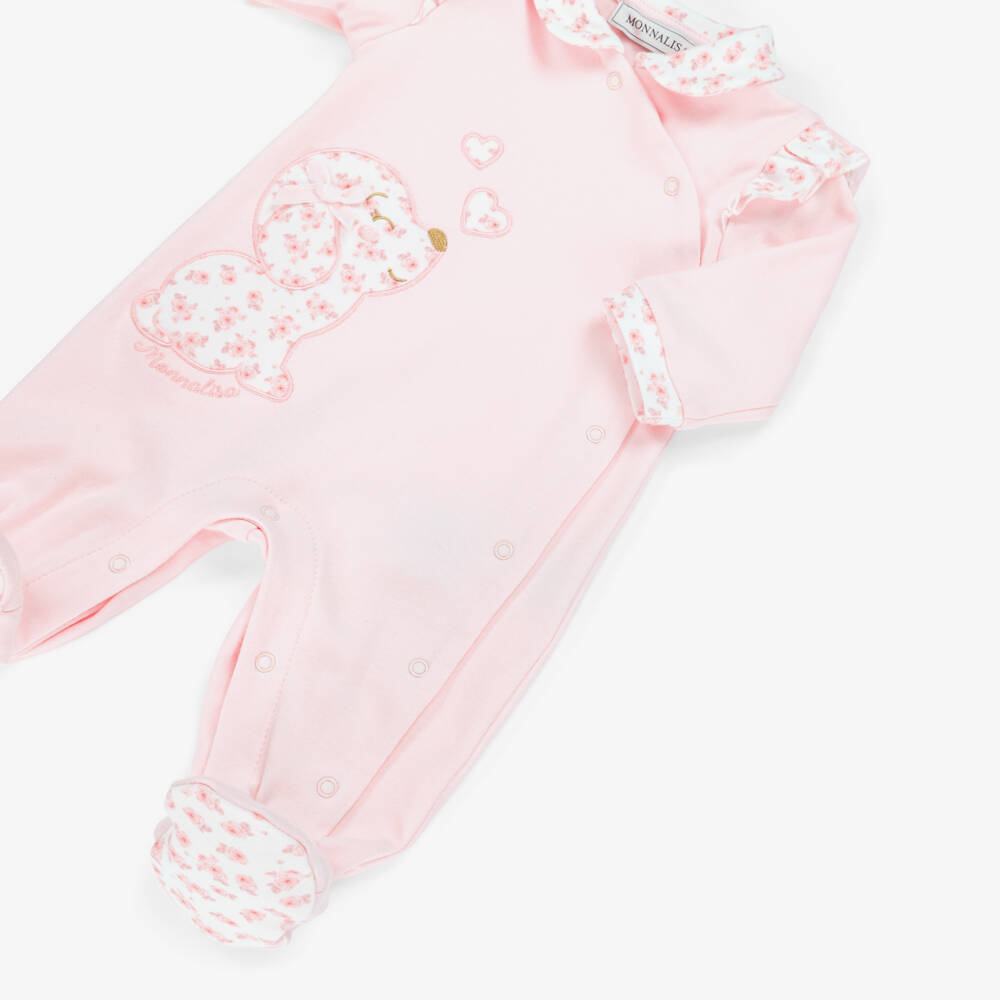 Monnalisa-Girls Pink Roses & Puppy Cotton Babygrow | Childrensalon Outlet