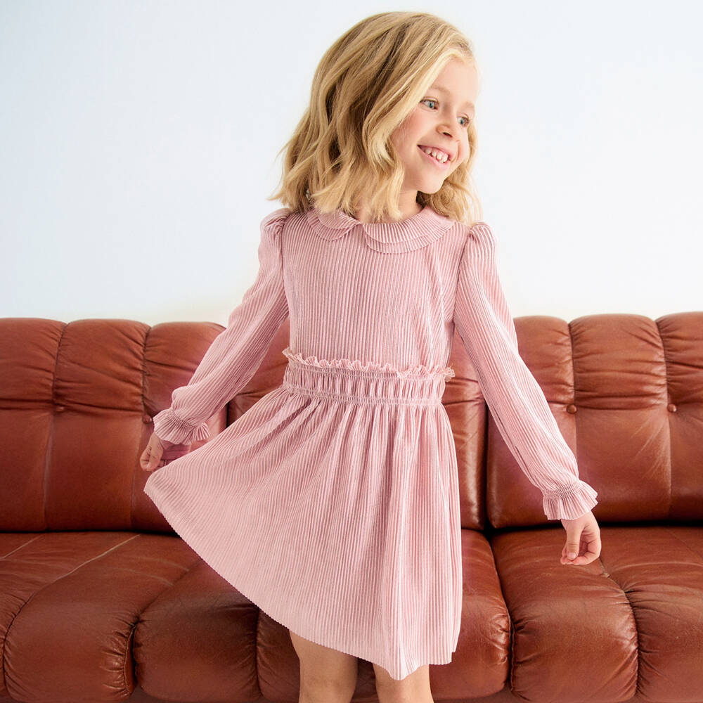 Abel & Lula-Girls Pink Ruffle Plissé Dress | Childrensalon Outlet