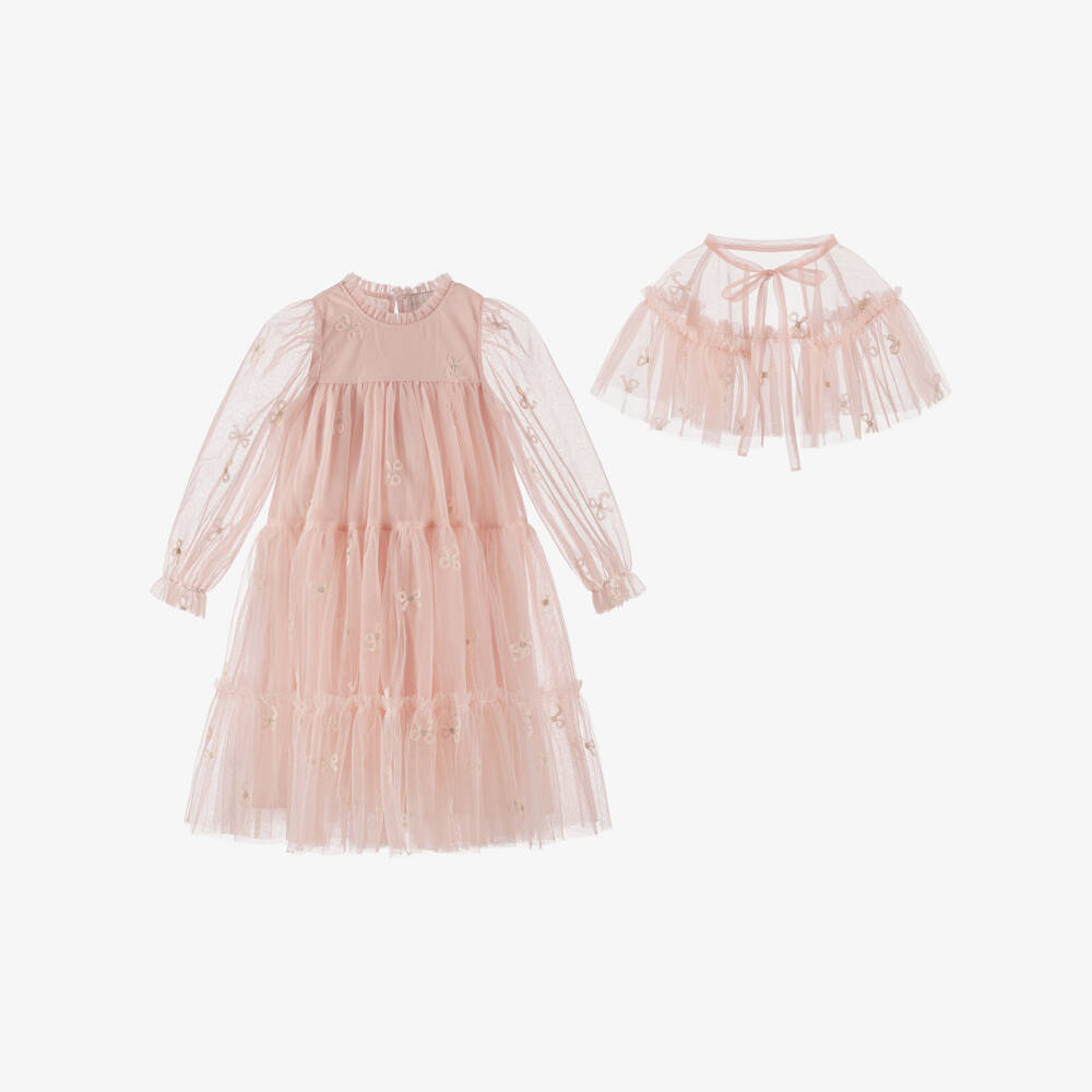 Petite Amalie-Girls Pink Ruffle Tulle Dress & Cape Set | Childrensalon Outlet