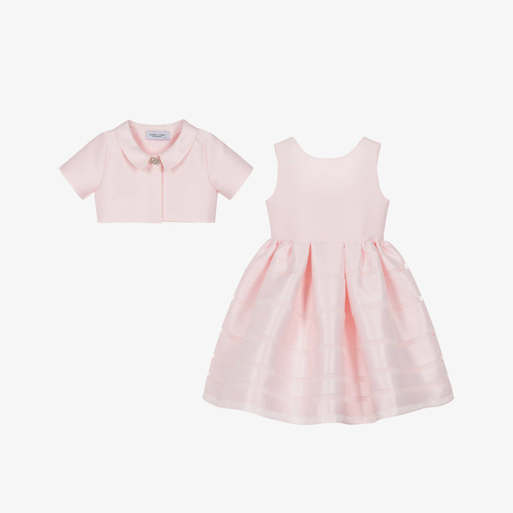 Mama Luma-Girls Pink Satin Twill Dress & Bolero Jacket Set | Childrensalon Outlet