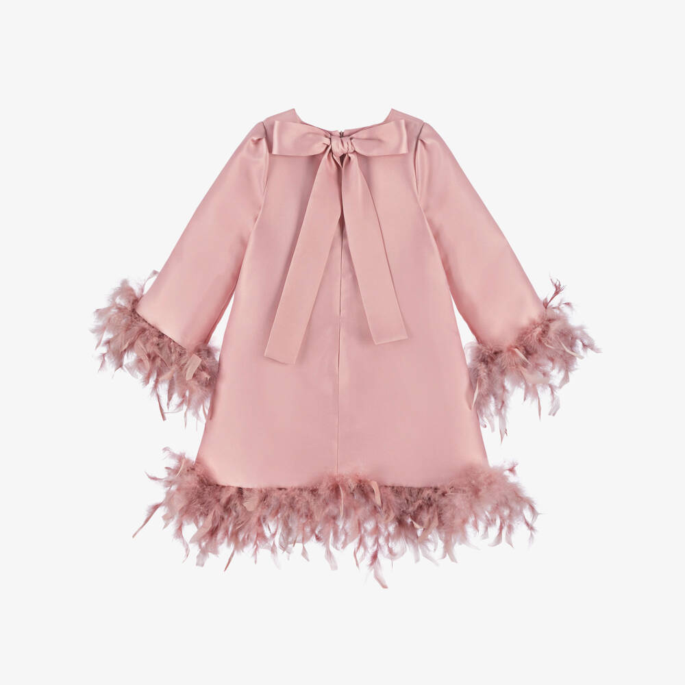 Mama Luma-Girls Pink Satin Twill Dress with Feather Trim | Childrensalon Outlet