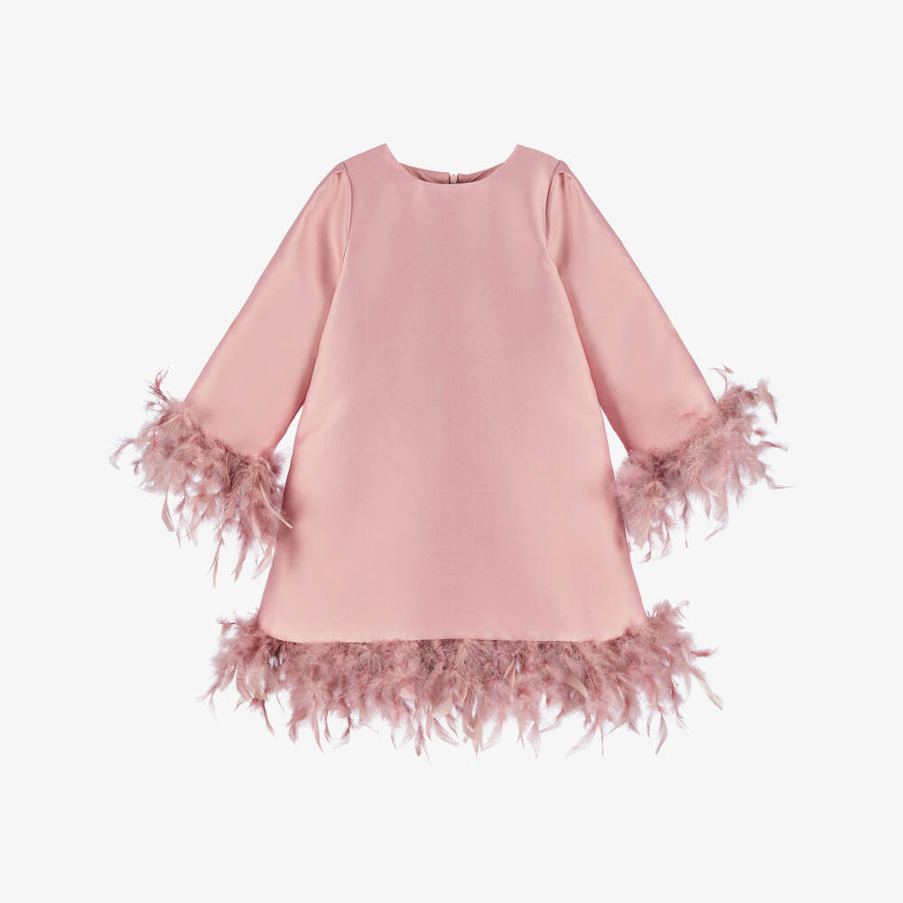 Mama Luma-Girls Pink Satin Twill Dress with Feather Trim | Childrensalon Outlet