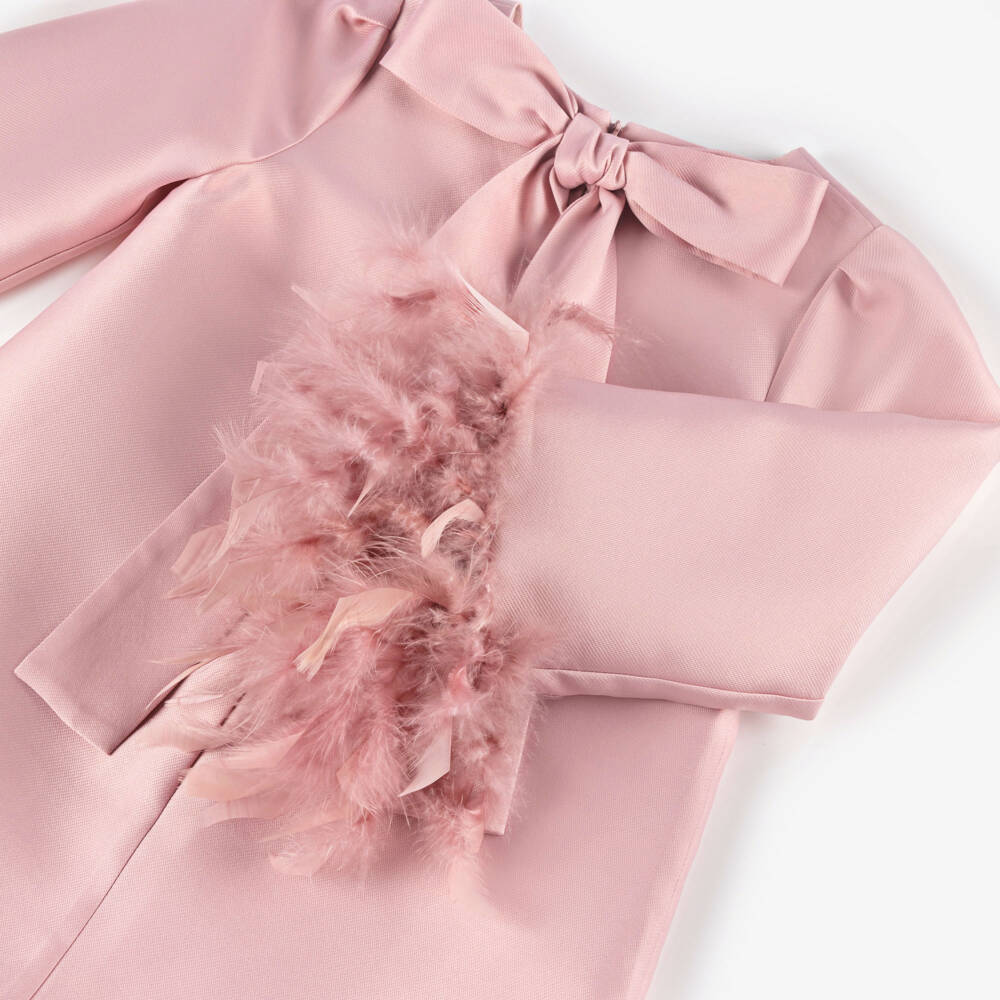 Mama Luma-Girls Pink Satin Twill Dress with Feather Trim | Childrensalon Outlet