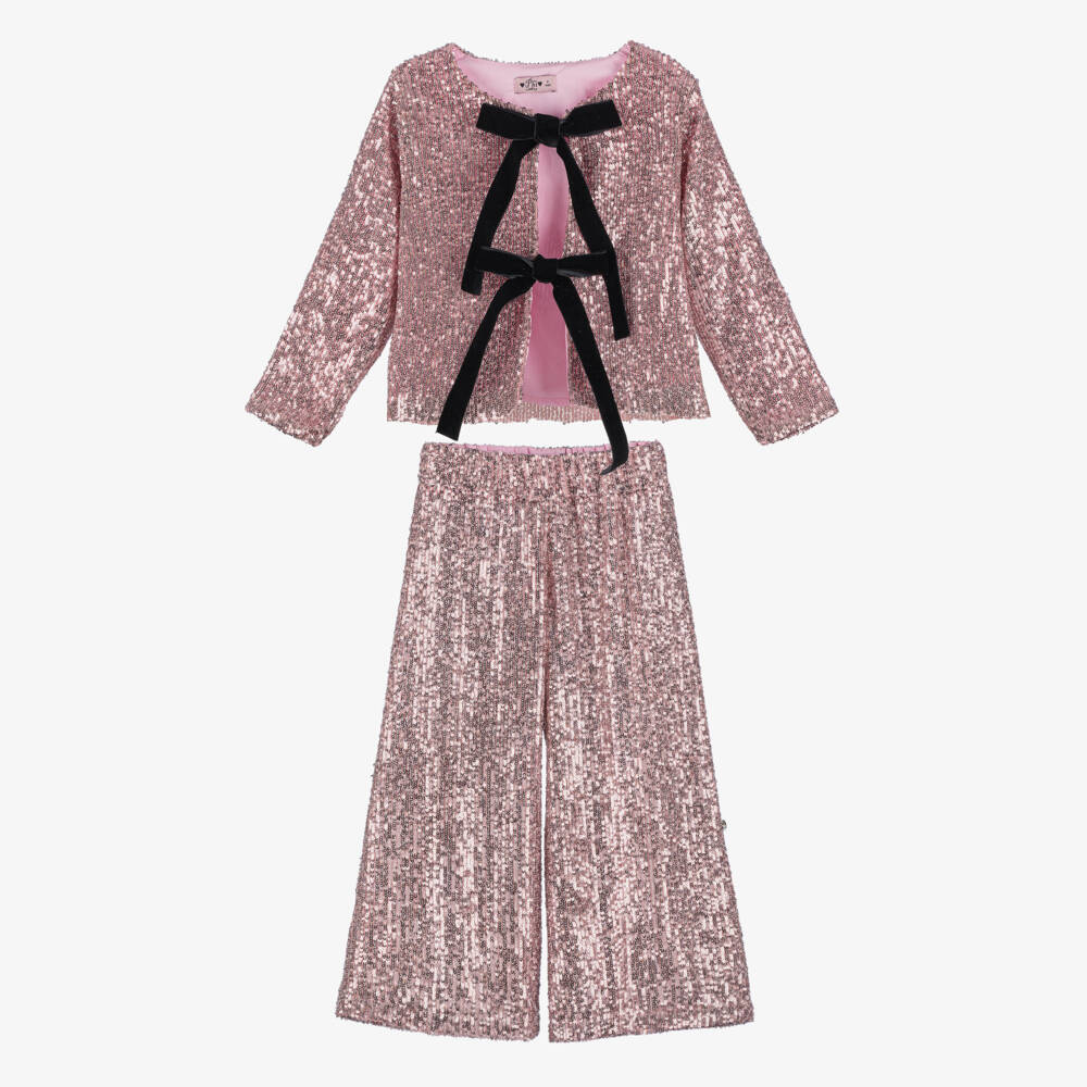 Phi Clothing-Girls Pink Sequinned Trouser Set with Black Velvet Bows | Childrensalon Outlet