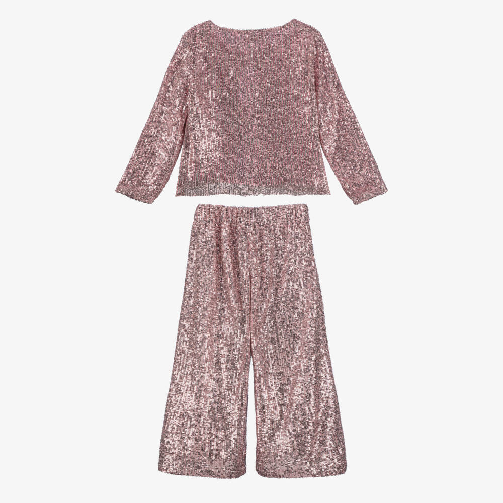 Phi Clothing-Girls Pink Sequinned Trouser Set with Black Velvet Bows | Childrensalon Outlet
