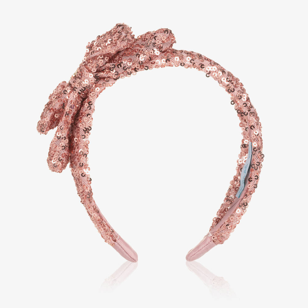 Abel & Lula-Girls Pink Sequinned Tulle Bow Hairband with Logo Charm | Childrensalon Outlet