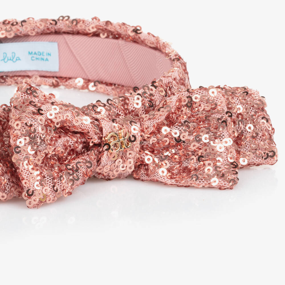 Abel & Lula-Girls Pink Sequinned Tulle Bow Hairband with Logo Charm | Childrensalon Outlet