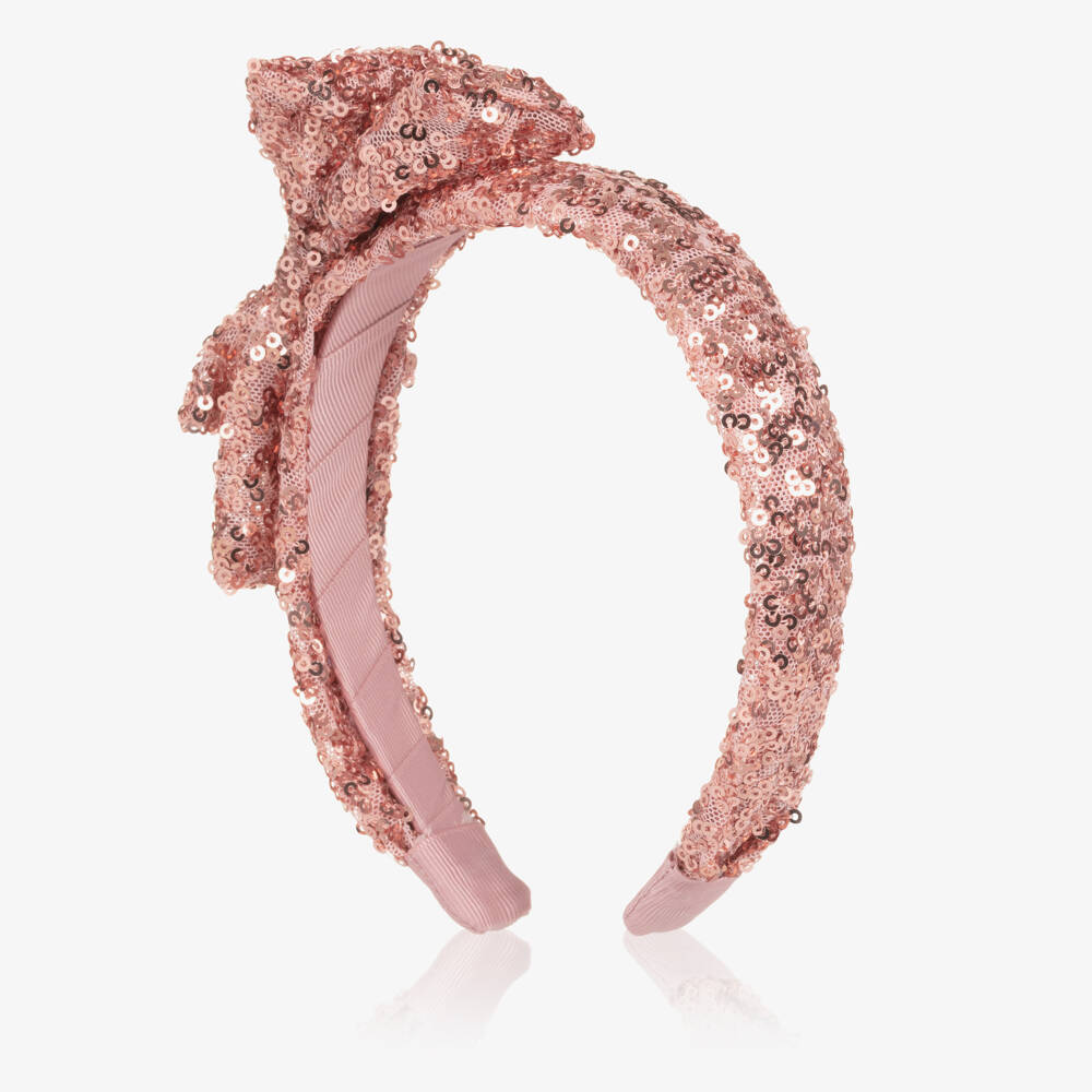 Abel & Lula-Girls Pink Sequinned Tulle Bow Hairband with Logo Charm | Childrensalon Outlet