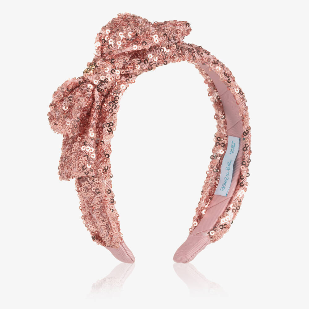 Abel & Lula-Girls Pink Sequinned Tulle Bow Hairband with Logo Charm | Childrensalon Outlet