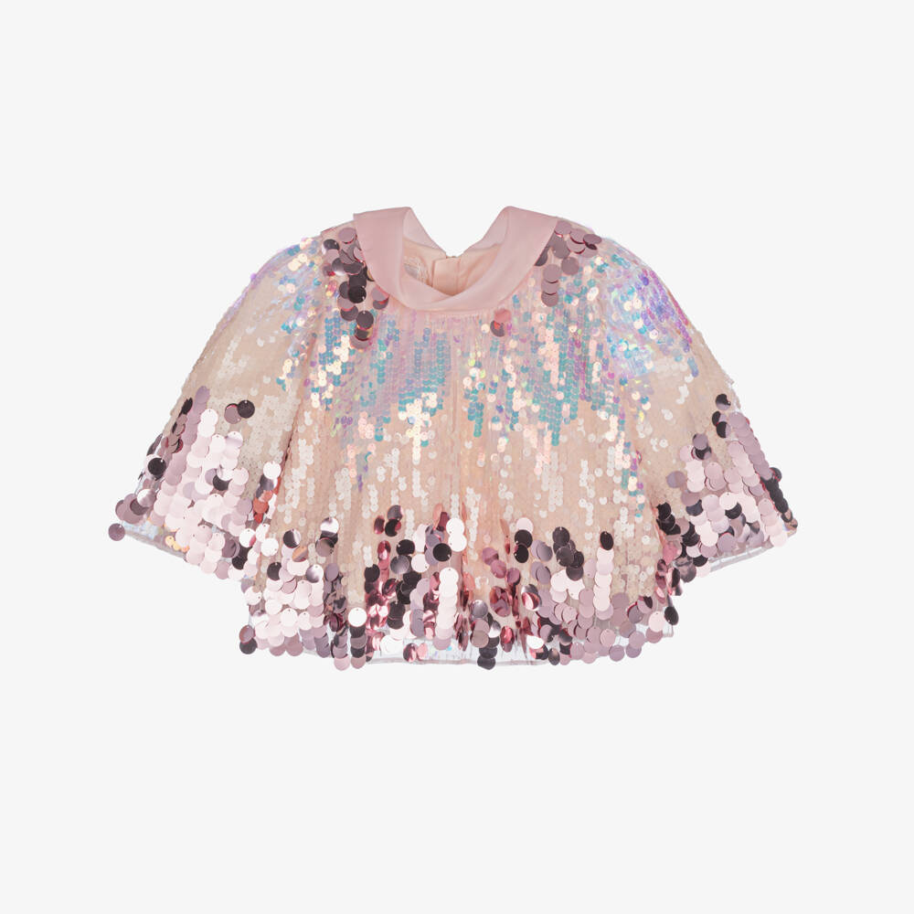 Junona-Girls Pink Sequinned Tulle & Organza Cowl-Neck Blouse | Childrensalon Outlet