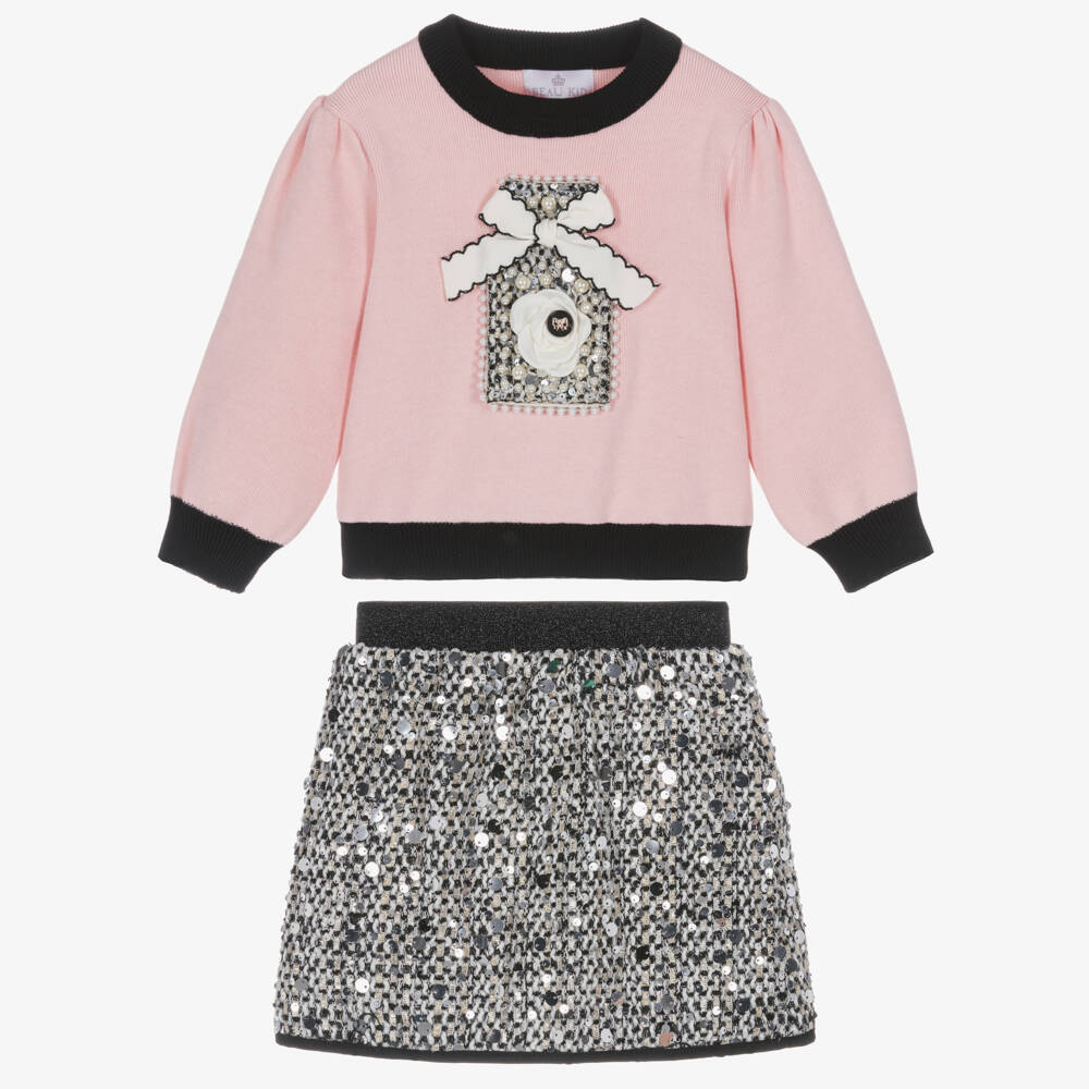 Beau KiD-Girls Pink Sequinned Tweed Skirt Set | Childrensalon Outlet
