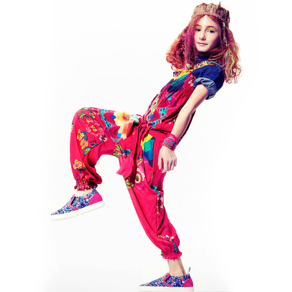 Desigual-Girls Pink Silky Satin Floral Jumpsuit | Childrensalon Outlet