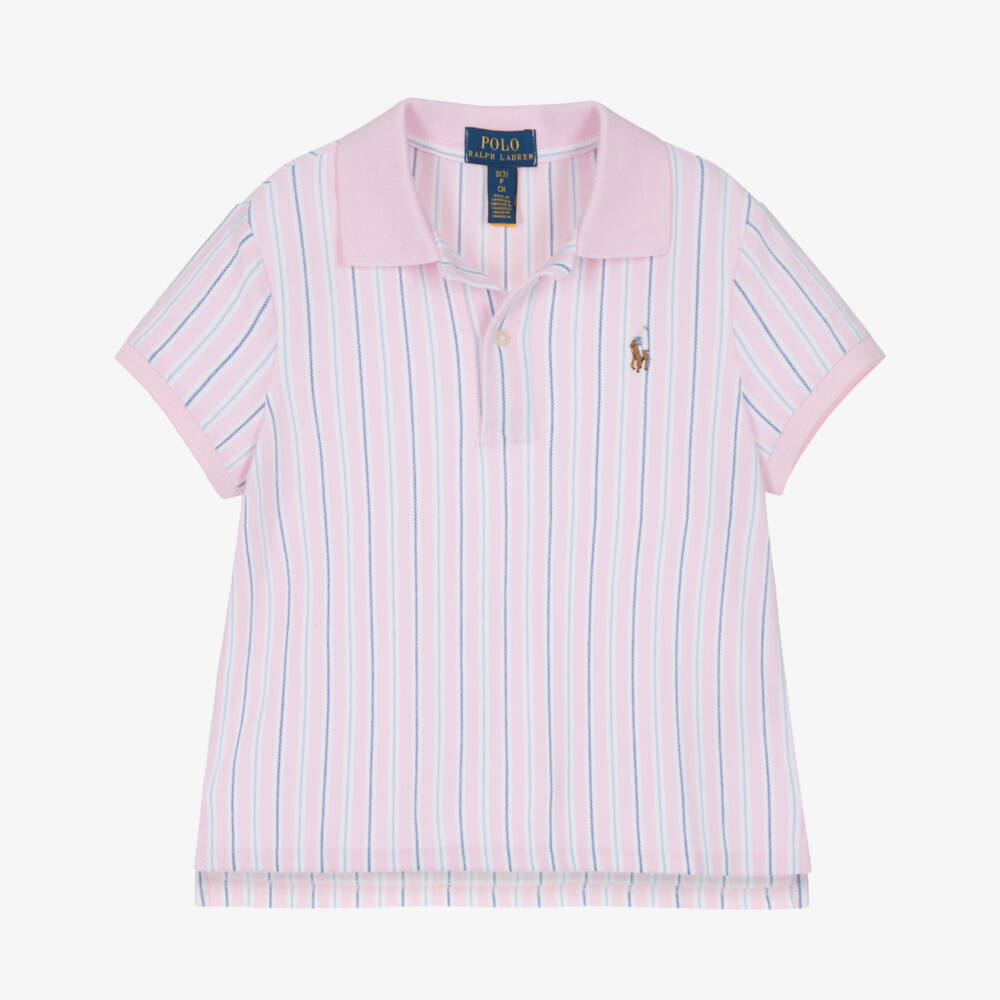 Ralph Lauren-Girls Pink Stripe Cotton Piqué Polo Shirt | Childrensalon Outlet