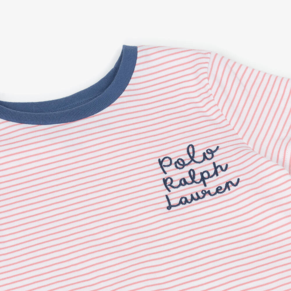 Ralph Lauren-Girls Pink Stripe Cotton T-Shirt with Script Logo | Childrensalon Outlet