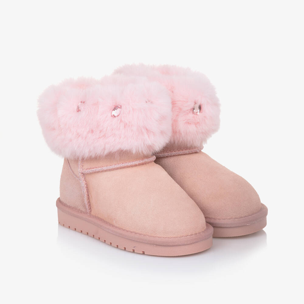 Monnalisa-Girls Pink Suede Leather & Faux Fur Boots | Childrensalon Outlet