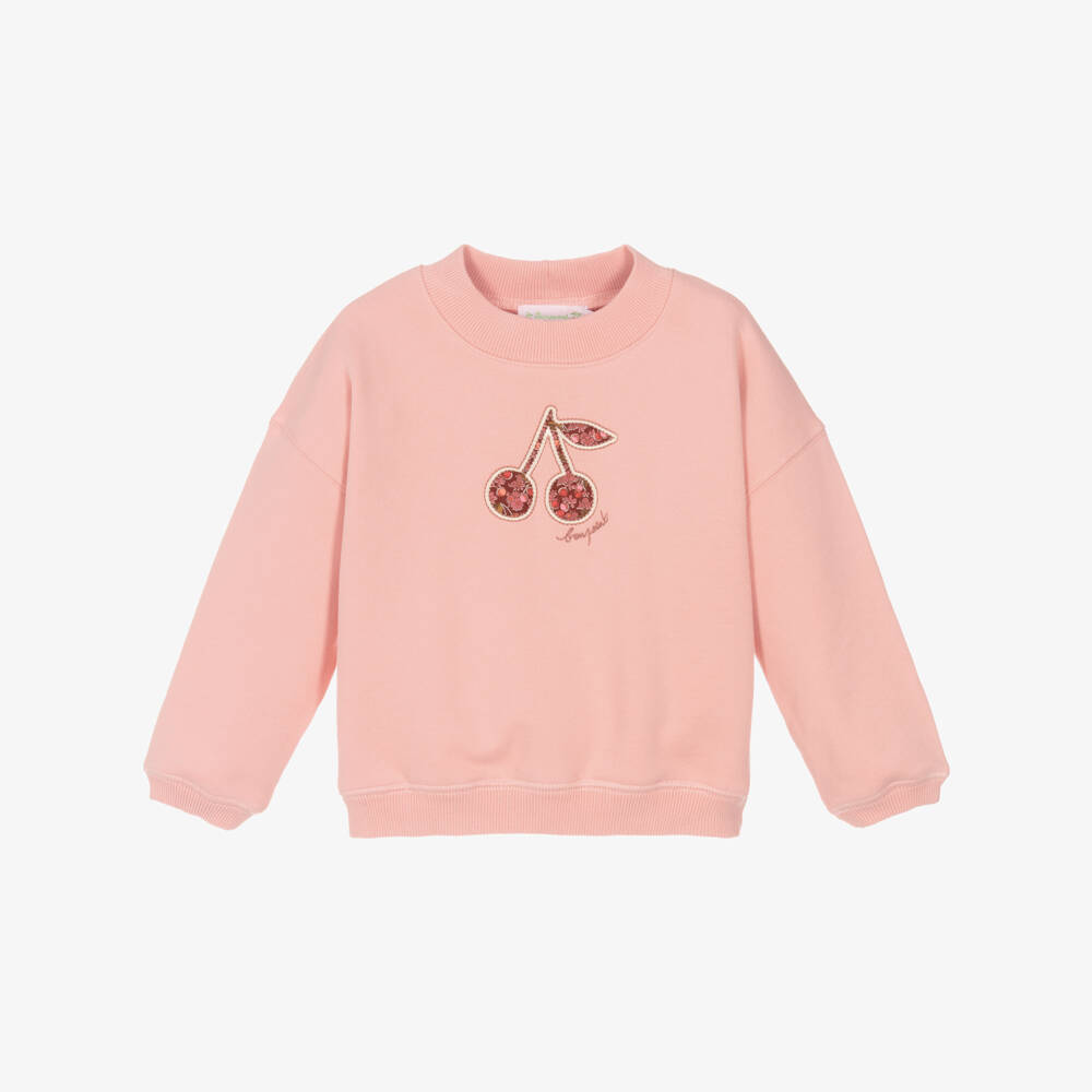 Bonpoint-Girls Pink Sweatshirt with Liberty Fabric Logo Cherries | Childrensalon Outlet