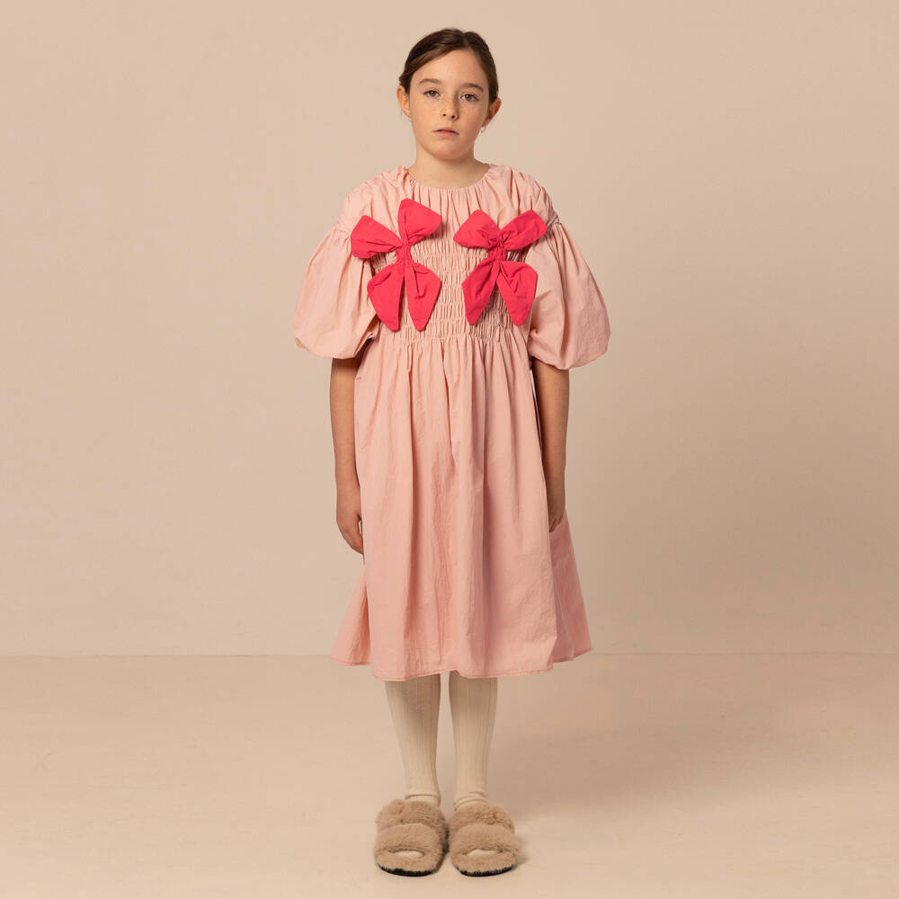 RaspberryPlum-Girls Pink Taffeta Dress with Bows & Puffed Sleeves | Childrensalon Outlet