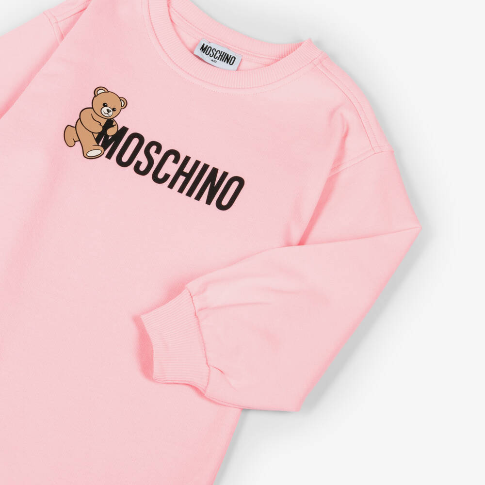 Moschino-Girls Pink Teddy Bear Logo Cotton Jersey Sweatshirt Dress | Childrensalon Outlet