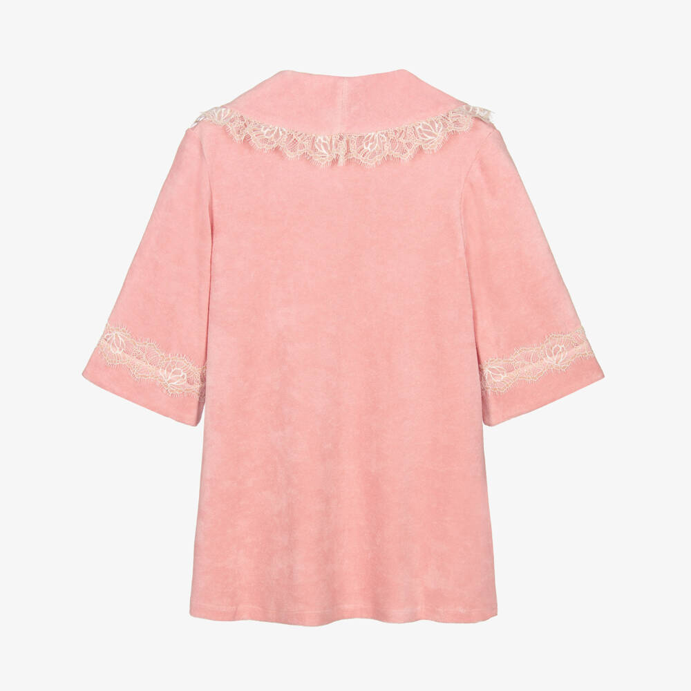 AMIKI Children-Girls Pink Towelling Bath Robe with Glittery Lace Trims | Childrensalon Outlet