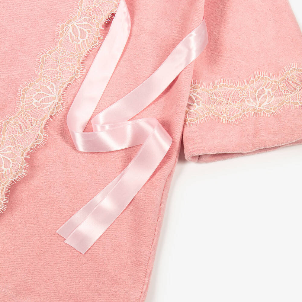AMIKI Children-Girls Pink Towelling Bath Robe with Glittery Lace Trims | Childrensalon Outlet