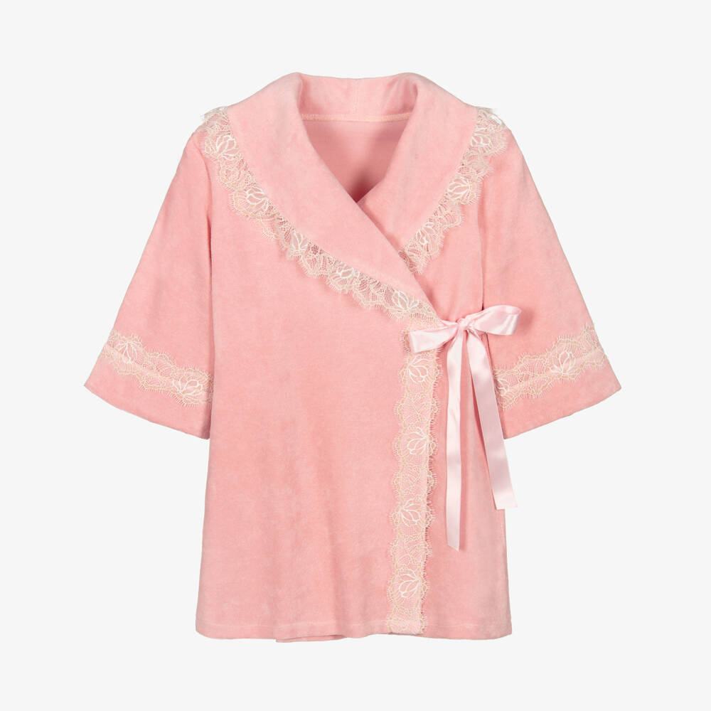 AMIKI Children-Girls Pink Towelling Bath Robe with Glittery Lace Trims | Childrensalon Outlet