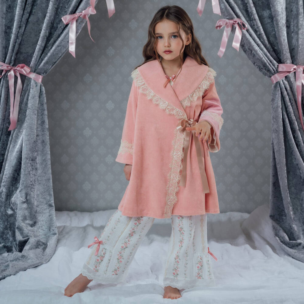 AMIKI Children-Girls Pink Towelling Bath Robe with Glittery Lace Trims | Childrensalon Outlet
