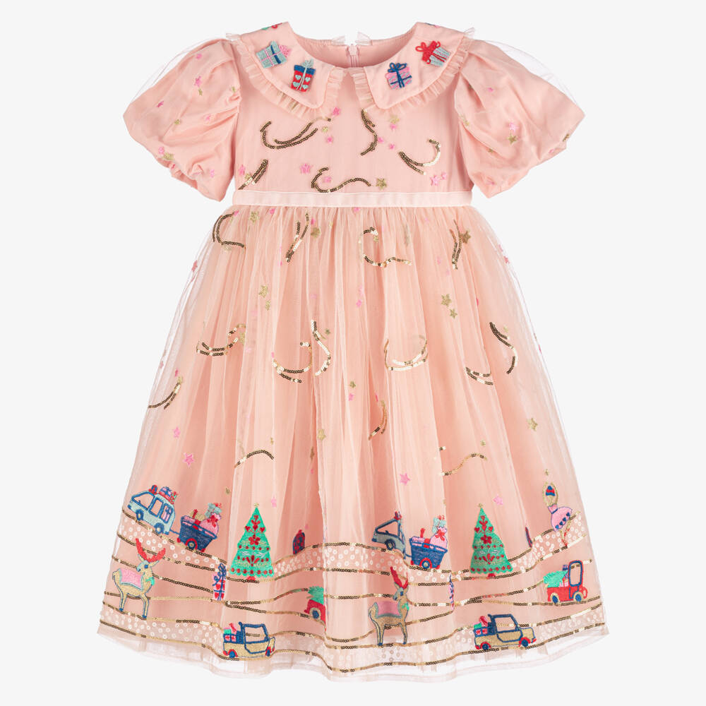 EIRENE-Girls Pink Tulle Dress with Festive Embroidery | Childrensalon Outlet