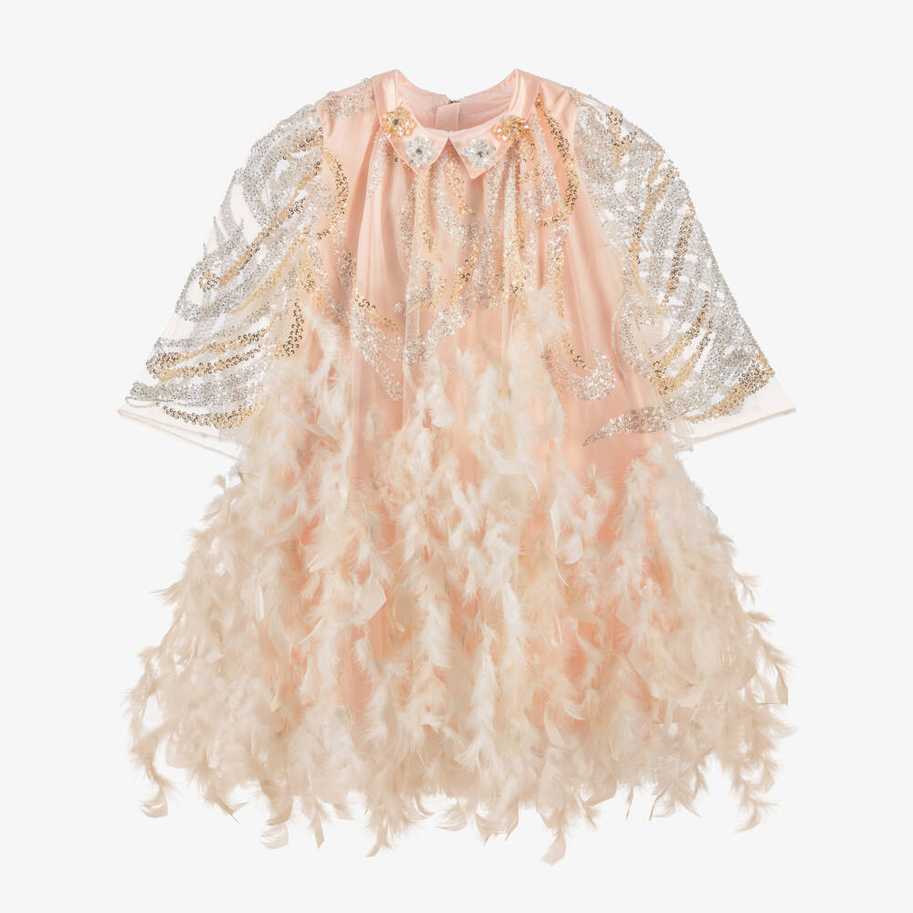Junona-Girls Pink Tulle Dress with Sequin & Feather Trim | Childrensalon Outlet