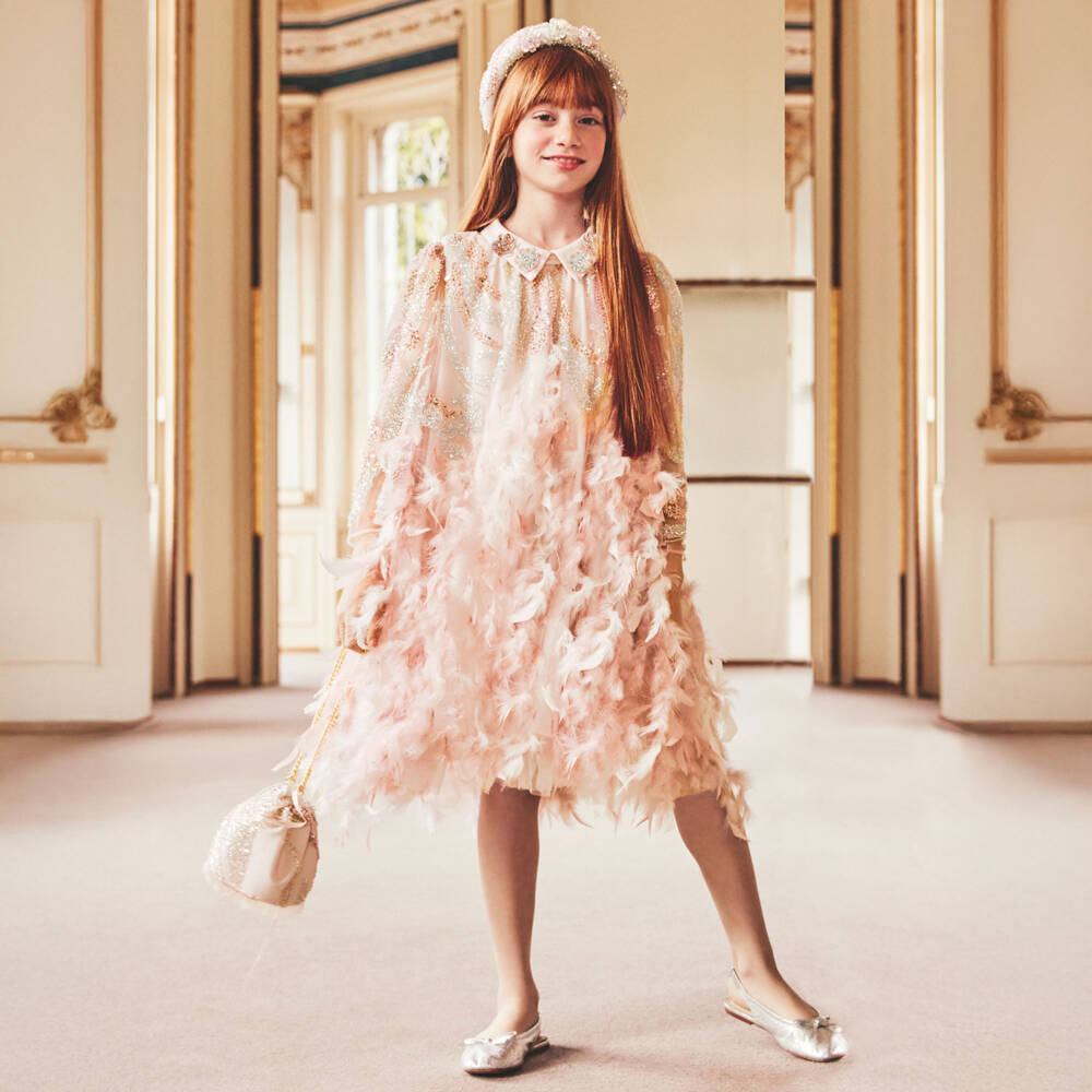 Junona-Girls Pink Tulle Dress with Sequin & Feather Trim | Childrensalon Outlet