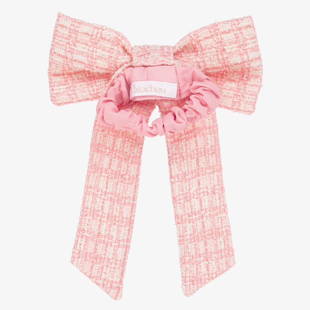 Patachou-Girls Pink Tweed Bow Hair Scrunchy (15cm) | Childrensalon Outlet